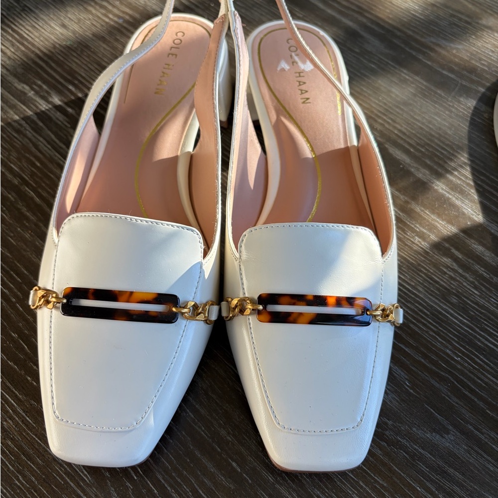 Cole Haan Women's White Slingback Flats with Tortoiseshell Accent